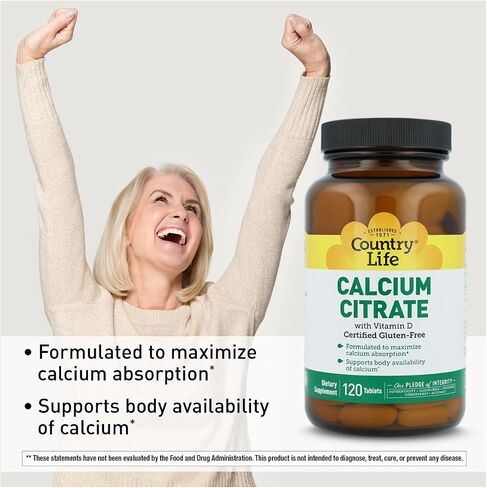 Country Life Calcium Citrate with Vitamin D, 120 Tablets, Certified Gluten Free, Certified Vegan, Certified Halal, Non-GMO Verified in Kuwait
