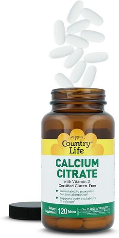 Country Life Calcium Citrate with Vitamin D, 120 Tablets, Certified Gluten Free, Certified Vegan, Certified Halal, Non-GMO Verified in Kuwait