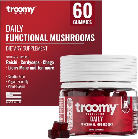 Troomy Daily 14 Mushroom Blend Gummies - Great Tasting Natural Mango Strawberry Flavor, Gelatin-Free, Gluten-Free, Vegetarian - 60 Count in Kuwait