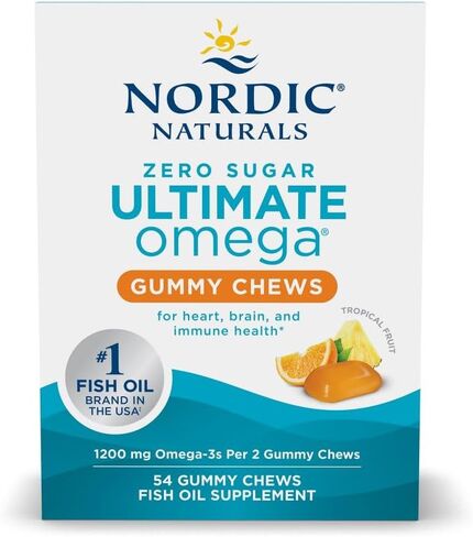 Nordic Naturals Zero Sugar Ultimate Omega Gummy Chews, Tropical Fruit, 54 Gummies, Supports Heart, Brain, and Immune Health, Non-GMO, Vegetarian, 27 Servings in Kuwait
