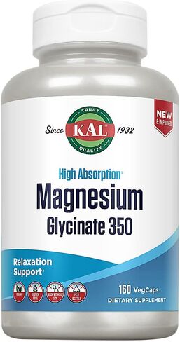 KAL Magnesium Glycinate Capsules, Fully Chelated Magnesium Bisglycinate, High Absorption Magnesium Supplement, Healthy Bones, Muscle, Relaxation and Stress Support, Non-GMO 160 count in Kuwait