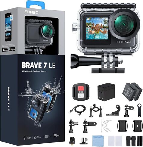 كاميرا AKASO Brave 7 LE 4K30FPS 20MP WiFi Action مع شاشة تعمل باللمس EIS 2.0 Zoom للتحكم عن بعد 131 قدم كاميرا مقاومة للماء تدعم ميكروفون خارجي + بطاقة ذاكرة Kingston 64GB MicroSDXC (حزمة) in Kuwait