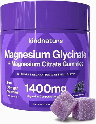 Kind Nature 2-in-1 Magnesium Gummies - 1000mg Magnesium Citrate Gummies & 400mg Magnesium Glycinate Gummies for Kids & Adults - High Absorption Magnesium Complex Supplement for Calm & Sleep Support in Kuwait