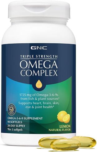 GNC Triple Strength Omega Complex, 90 Lemon Flavored Softgels, Supports Joint, Skin, Eye, and Heart Health in Kuwait