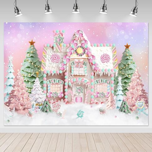 Mocsicka Chrismas Candy House Backdrop Pink Mint Green Sweet Candy Cottage Background for Photography Winter Merry Xmas Baby Shower Birthday Cake Table Decoration (Pink, 10x8ft(120''x96'')) in Kuwait