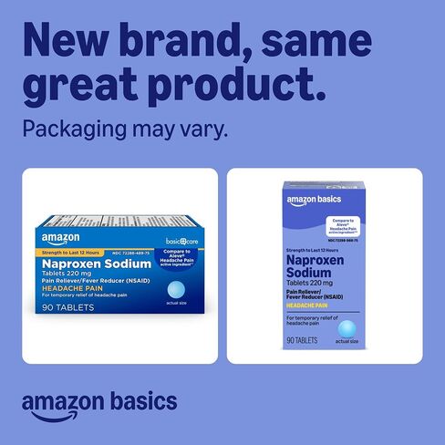 Amazon Basic Care Headache Pain Relief Naproxen Sodium Tablets 220 mg, Also Relieves Arthritis, Muscular Aches, Backache, Menstrual Cramps and Toothache, 90 Count in Kuwait