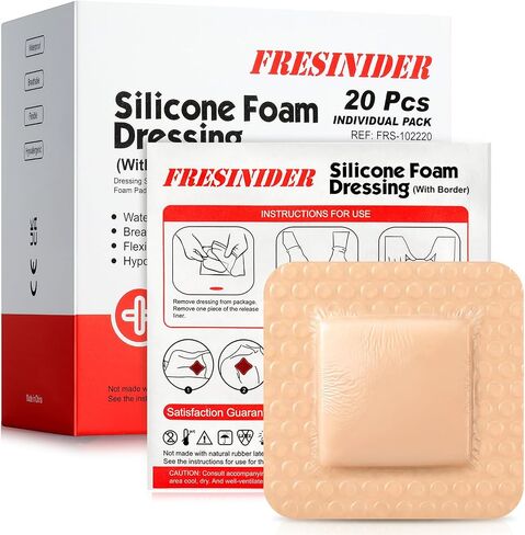 FRESINIDER Silicone Foam Dressing 4" x 4", 30 Pack – Soft Silicone Wound Dressing Pads for Bed Sores & Pressure Ulcers, Post-Surgery Care, Absorbent, Breathable & Gentle on Skin in Kuwait