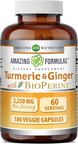 Amazing Formulas Turmeric Curcumin & Ginger with BioPerine Supplement | 1500 Mg Per Serving | 180 Veggie Capsules | Non-GMO | Gluten Free | Made in USA | Ideal for Vegetarians in Kuwait
