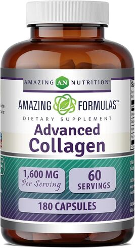 Amazing Formulas Advanced Collagen Supplement | Collagen Type I, II & III, with Vitamin C & Hyaluronic Acid | 1600 Mg Per Serving | 180 Capsules | Non-GMO | Gluten-Free | Made in USA in Kuwait