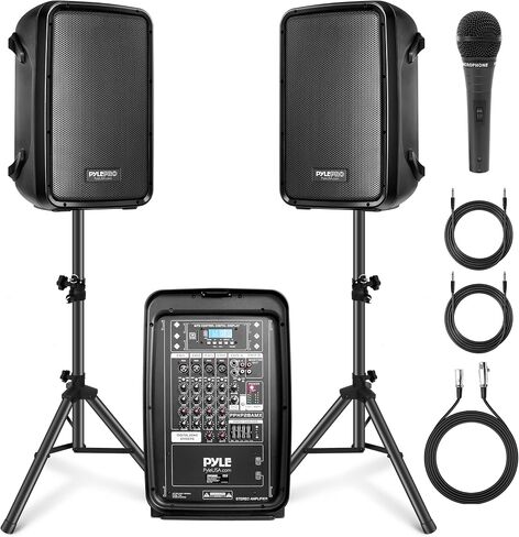 Pyle PA Speaker DJ Mixer Bundle - 300 W Portable Wireless Bluetooth Sound System w/ USB SD XLR 1/4" RCA Inputs - Dual Speaker, Mixer, Microphone, Stand, Cable - Home/Outdoor Party - PPHP28AMX,Black in Kuwait