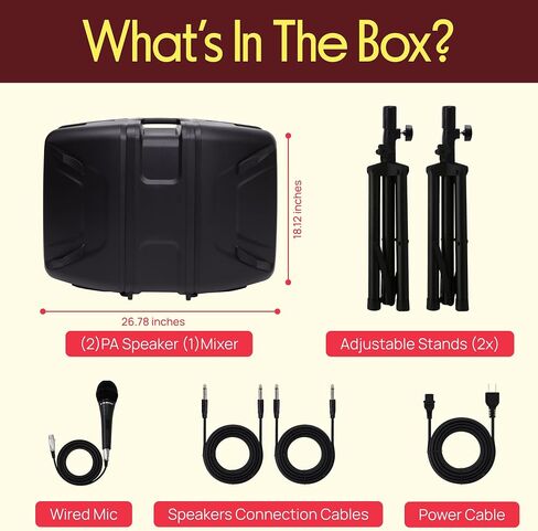 Pyle PA Speaker DJ Mixer Bundle - 300 W Portable Wireless Bluetooth Sound System w/ USB SD XLR 1/4" RCA Inputs - Dual Speaker, Mixer, Microphone, Stand, Cable - Home/Outdoor Party - PPHP28AMX,Black in Kuwait