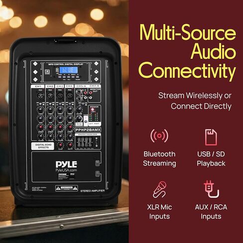 Pyle PA Speaker DJ Mixer Bundle - 300 W Portable Wireless Bluetooth Sound System w/ USB SD XLR 1/4" RCA Inputs - Dual Speaker, Mixer, Microphone, Stand, Cable - Home/Outdoor Party - PPHP28AMX,Black in Kuwait