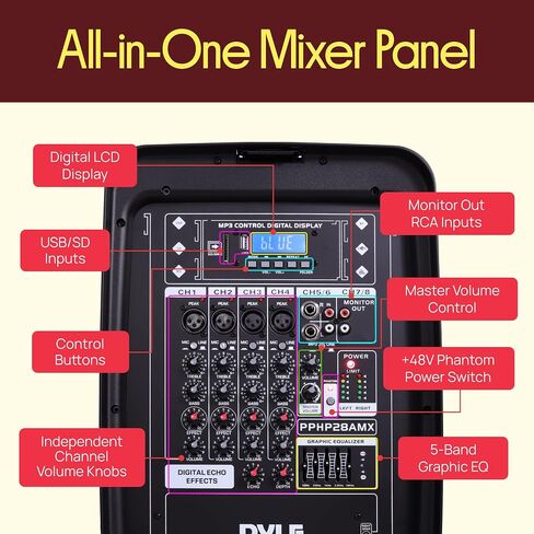 Pyle PA Speaker DJ Mixer Bundle - 300 W Portable Wireless Bluetooth Sound System w/ USB SD XLR 1/4" RCA Inputs - Dual Speaker, Mixer, Microphone, Stand, Cable - Home/Outdoor Party - PPHP28AMX,Black in Kuwait