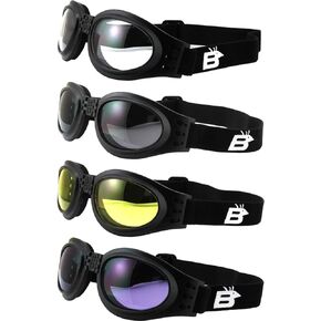 Birdz 4 Pairs of Eyewear Parrot Black Folding Padded Motorcycle Goggles with Clear, Smoke, Yellow & Purple Lenses for Men & Women