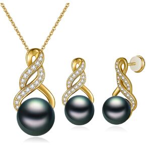 Pearl Necklace and Earring Set for Women - 925 Sterling Silver Infinity/Bow Tie Pearl Set Jewelry Rhodium/Gold Plated Anniversary Birthday Gifts for Her Packaged in Preserved Red Rose Box