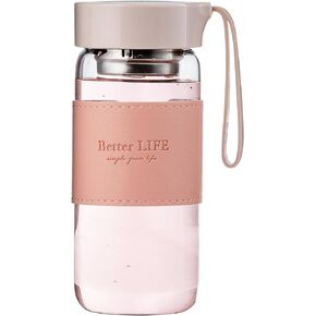DNIENKGE Glass tea bottle 16 oz drinking bottle with Non-Slip holster, and Stainless Tea Infuser,Leak Proof Lid,Portable glass water bottle for school, office, car home,as a gift, etc (Pink)