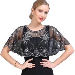 1920s Shawl Sequin Lace Evening Cape Flapper Cover Up Bridal Shawl for Dress Party Wedding Halloween Harlem night