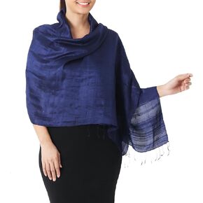 NOVICA Artisan Handmade Silk Shawl Deep Blue Raw from Thailand Accessories Solid Royal Classic Reflecting Pond Snorkel 'Shimmering Indigo'