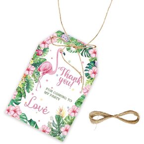 50pcs Tropical Thank You Tags, Hawaiian Gift Tag with String for Baby Shower Party, Flamingo Thank You Paper Tags for Aloha Birthday Party Favors