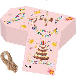 SMARSTICKER Happy Birthday Gift Tags with String 3.3x2.1inch Colorful Candles Birthday Kids Presents Tags Birthday Gift Wrapping Paper Tags ffor Birthday Party Favors Baby Shower 100cs (Color1)