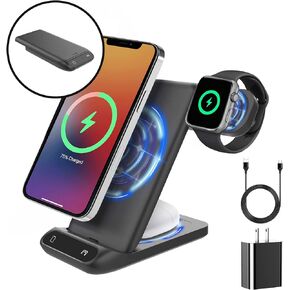 SCONEYZ Wireless Charging Station 3 in 1 Wireless Phone and Watch Stand, 20 W Fast Charging, Foldable Travel Charger Stand for iPhone 15 14 13 12, for Apple Watch, airpods 2 3 Pro