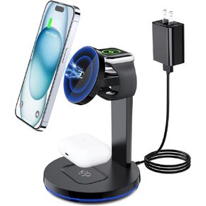 شاحن لاسلكي مغناطيسي 3 في 1 - محطة شحن لاسلكية سريعة من NANAMI لأجهزة متعددة، حامل شاحن آمن لساعة Apple Series 8/7/SE، قاعدة شحن للهاتف iPhone 15/14/13/12، AirPods in Kuwait