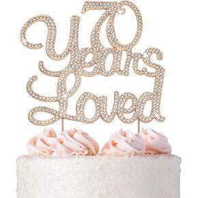 70 Cake Topper - Premium Rose Gold Metal - 70 Years Loved - 70th Birthday Party Sparkly Rhinestone Decoration Makes a Great Centerpiece - Now Protected in a Box