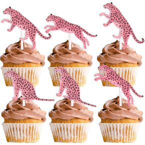 18pcs Pink Glitter Cheetah Dessert Cupcake Topper for Animal Leopard Theme Decor Supplies Baby Shower Boys Girls Happy Birthday Party Decoration