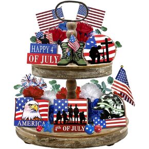 4th of July Tiered Tray Decor, Patriotic Tray Decorations Set, American Flag Soldiers Eagle Boot Wooden Sign, Rustic Independence Memorial Veterans Day Decor for Home Table Shelf Mantel
