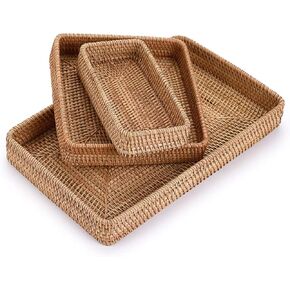Rattan Tray Set of 3 Decorative Storage Baskets for Home | Countertop Drawer Shelf Organization | Tabletop Serving Platter Fruit, Tea, Coffee (Natural)