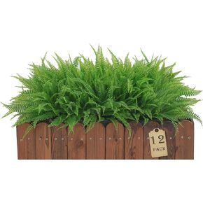 12 Bundles Artificial Plants Outdoor Fake Ferns with Flowers for Porch Patio Home Window Box Yard Garden Planter Decor(12, Green Boston Fern)