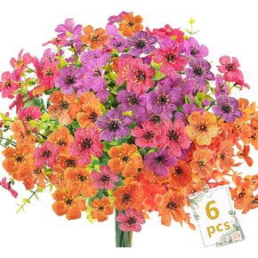 6 Bundles Artificial Flowers Mums Outdoors UV Resistant Plastic Flowers Outdoors Faux Mums Flowers Fake Fall Plants Flowers Outside Outdoor Garden Porch Planters Silk Flowers Autumn Decor