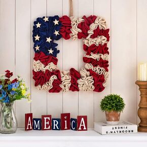Glitzhome 19.25" L Americana Squared Fabric Wreath Patriotic Wreath for July 4th, Memorial Day, Father's Day, and Labor Day