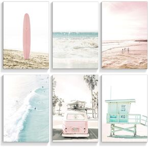 mifyuibytr Set of 6 Beach Canvas Wall Art, 8x10in Tropical Summer Ocean Coastal Posters, Preppy Gallery Beach Prints, Girly Nautical Surfboard Bus Room Decor, California Beachy Pictures Unframed