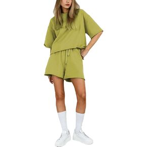 IQSQSQ Women's 2 Piece Outfits Lounge Sets Crew Neck Short Sleeve Pullover Tops High Waisted Shorts Tracksuits