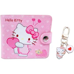 Kawaii Wallet for Women and Girl, Cartoon Coin Money Purse with Bi-fold Card Holder Coin Pocket and ID Window, Small PU Leather Slim Purse with Cute Keychain, 2Pcs Set (Cute Wallet-01)