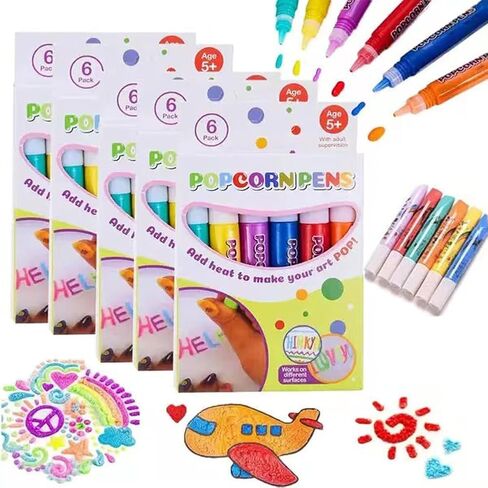 Magic Puffy Pens,DIY Bubble Popcorn Drawing Pens,Color Paint Pen Set of 6 Neon Colors,Puffy Bubble Pen 3D Art Safe Pen for Kids Birthday Christmas Gift(2 PACK) in Kuwait