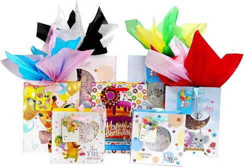 suosicn 7 Pack Gift Bags Assorted Sizes and Designs, Paper Gift Bags Bulk with Tissue Paper 8 Patterns in 3 Different Sizes for Birthday, Baby Showers in Saudi Arabia