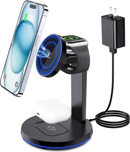 شاحن لاسلكي مغناطيسي 3 في 1 - محطة شحن لاسلكية سريعة من NANAMI لأجهزة متعددة، حامل شاحن آمن لساعة Apple Series 8/7/SE، قاعدة شحن للهاتف iPhone 15/14/13/12، AirPods in Kuwait