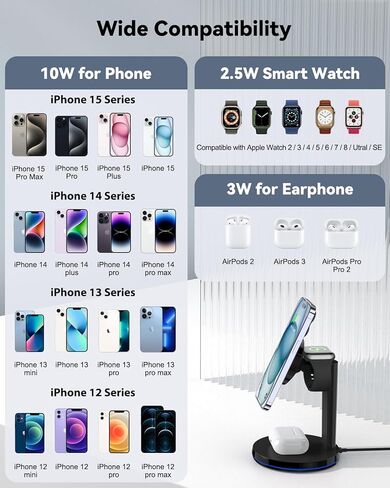 شاحن لاسلكي مغناطيسي 3 في 1 - محطة شحن لاسلكية سريعة من NANAMI لأجهزة متعددة، حامل شاحن آمن لساعة Apple Series 8/7/SE، قاعدة شحن للهاتف iPhone 15/14/13/12، AirPods in Kuwait