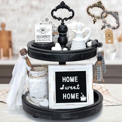 Two Tiered Tray Stand - [Large 15"] White Decorative Tray [with Changeable Handles] - Rustic 2 Tier Wooden Tray, Farmhouse Tiered Tray for Coffee Table Tray, Cupcake Tower by Felt Creative Home Goods in Saudi Arabia