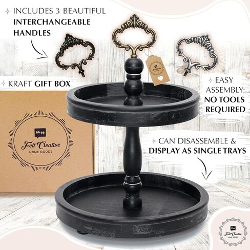 Two Tiered Tray Stand - [Large 15"] White Decorative Tray [with Changeable Handles] - Rustic 2 Tier Wooden Tray, Farmhouse Tiered Tray for Coffee Table Tray, Cupcake Tower by Felt Creative Home Goods in Saudi Arabia