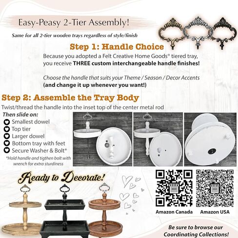 Two Tiered Tray Stand - [Large 15"] White Decorative Tray [with Changeable Handles] - Rustic 2 Tier Wooden Tray, Farmhouse Tiered Tray for Coffee Table Tray, Cupcake Tower by Felt Creative Home Goods in Saudi Arabia