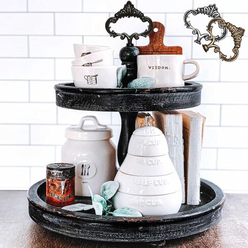 Two Tiered Tray Stand - [Large 15"] White Decorative Tray [with Changeable Handles] - Rustic 2 Tier Wooden Tray, Farmhouse Tiered Tray for Coffee Table Tray, Cupcake Tower by Felt Creative Home Goods in Saudi Arabia