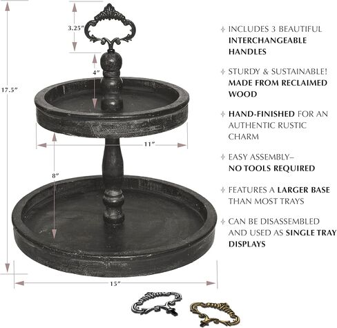 Two Tiered Tray Stand - [Large 15"] White Decorative Tray [with Changeable Handles] - Rustic 2 Tier Wooden Tray, Farmhouse Tiered Tray for Coffee Table Tray, Cupcake Tower by Felt Creative Home Goods in Saudi Arabia