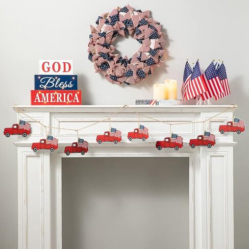 Glitzhome 19.25" L Americana Squared Fabric Wreath Patriotic Wreath for July 4th, Memorial Day, Father's Day, and Labor Day in Saudi Arabia