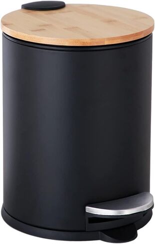 Mini Trash Can with Bamboo Lid Soft Close and Foot Pedal, 0.8Gal / 3L Tiny Round Trash Can with Removable Plastic Inner Wastebasket for Bathroom, Bedroom, Powder Room, Office, Desk, Car, Black in Saudi Arabia