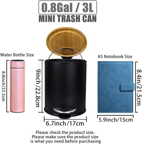 Mini Trash Can with Bamboo Lid Soft Close and Foot Pedal, 0.8Gal / 3L Tiny Round Trash Can with Removable Plastic Inner Wastebasket for Bathroom, Bedroom, Powder Room, Office, Desk, Car, Black in Saudi Arabia