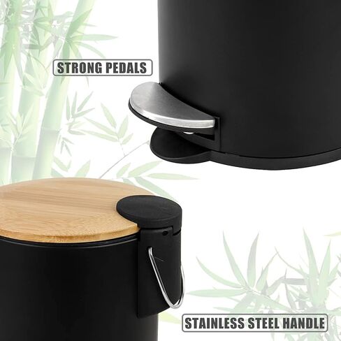 Mini Trash Can with Bamboo Lid Soft Close and Foot Pedal, 0.8Gal / 3L Tiny Round Trash Can with Removable Plastic Inner Wastebasket for Bathroom, Bedroom, Powder Room, Office, Desk, Car, Black in Saudi Arabia