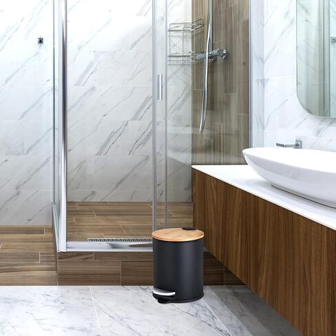 Mini Trash Can with Bamboo Lid Soft Close and Foot Pedal, 0.8Gal / 3L Tiny Round Trash Can with Removable Plastic Inner Wastebasket for Bathroom, Bedroom, Powder Room, Office, Desk, Car, Black in Saudi Arabia
